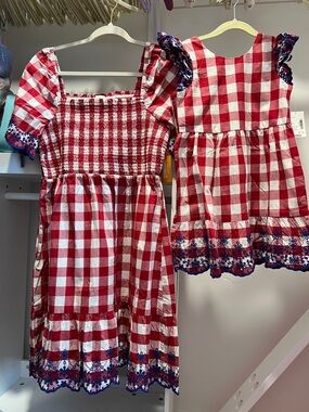 Red & White Gingham Women’s and Girls' Dress with Blue Embroidered Hem Mommy&Me!